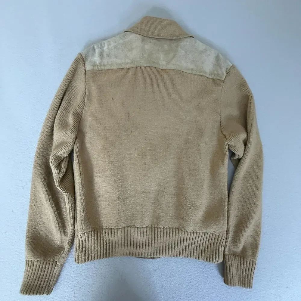 Richmond Men’s L Genuine Leather Front Knit Zip Sweater Jacket Tan Beige